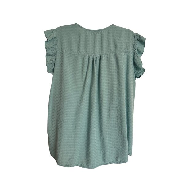 Lee Blouse Cap Ruffle Sleeve Tie Neck Size 2X Teal Green Texture Blouse Tank EUC - Picture 2 of 6